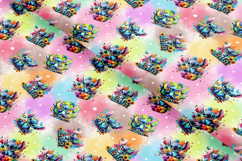 May include: A colorful fabric featuring a repeating pattern of the character Stitch from Lilo & Stitch. The design showcases Stitch surrounded by flowers and butterflies against a watercolor-style background with pink, blue, yellow, and orange hues.