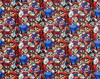 Peut inclure: Un motif vibrant présentant de nombreux personnages de dessins animés, principalement Mario, dans un design répétitif. Les personnages sont représentés dans leurs tenues rouges et bleues emblématiques, avec des poings levés et des expressions joyeuses. L'arrière-plan est rempli de diverses poses du même personnage.