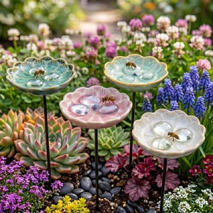 Handgemaakt keramisch gieterstation voor bestuiver, keramische bloem, vogelbadtuinpaal, bijen- en vlindertuin kunstplas