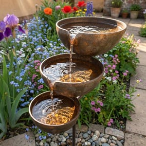 Op de afbeelding: Een gelaagde waterfontein voor buiten met drie bronzen kommen. Water stroomt van de bovenste kom naar de onderste, waardoor een kleine waterval ontstaat. De fontein is omgeven door kleurrijke bloemen en groen.
