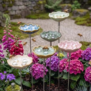 Könnte beinhalten: Eine Sammlung dekorativer, blütenförmiger Vogeltränken aus Keramik in verschiedenen Pastellfarben, jede auf einem Metallstab. Bienen sind in der Nähe der Tränken zu sehen, die von bunten Blumen in einem Garten umgeben sind.