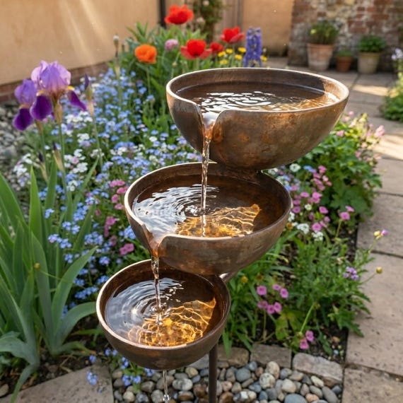 Rustic Metal Triple Bowl Rain Catcher, Three Tier Garden Fountain Stake, Outdoor Waterfall Bird Bath