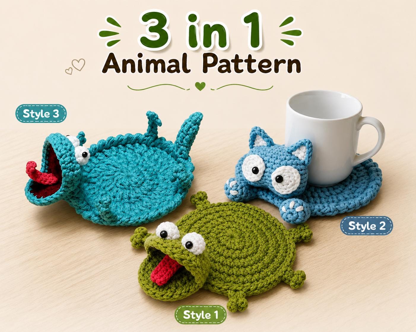 39 Lizard Crochet Patterns for Amigurumi Fans, Gifts, and Quirky Handmade Decor 12 3-in-1 Animal Coaster Crochet