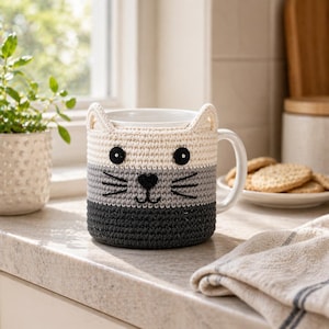 May include: A white ceramic mug with a crocheted cat cozy. The cozy features a cream, gray, and dark gray color scheme, with black embroidered eyes, nose, and whiskers. The mug is on a countertop near a window.