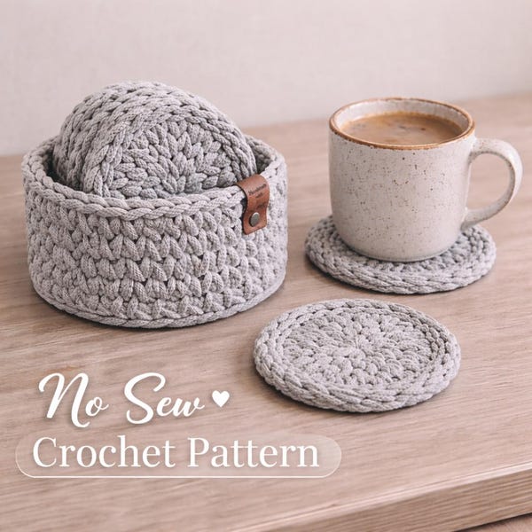 Crochet Coaster Set & Holder Pattern PDF – Minimal Round Coasters, Beginner-Friendly, Modern Home Decor, Instant Download