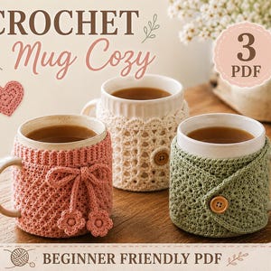 May include: Three ceramic mugs wrapped in crochet cozies. One is pink with a bow and flower accents, one is cream with a lace-like pattern and a button, and one is sage green with a button closure. Text reads CROCHET MUG Cozy and BEGINNER FRIENDLY PDF.
