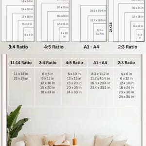 May include: A chart displaying various print sizes and aspect ratios, including 3:4, 4:5, A1-A4, 2:3, and 11:14 ratios. Sizes are listed in inches, such as 18 x 24 in, 16 x 20 in, and 8 x 10 in. Ideal for art prints.
