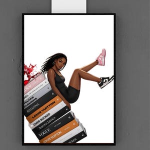 May include: Illustration of a woman in a black outfit and sneakers, reclining on a stack of fashion books. The books include titles like "Dior," "Louis Vuitton," and "Vogue." A splash of red liquid adds a dynamic element to the artwork. The woman is wearing pink and black sneakers.