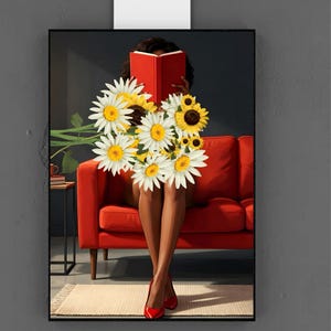 May include: An artistic print featuring a person seated on a red sofa, reading a red book while holding a bouquet of daisies and sunflowers. The person is wearing red heels. The background is a dark gray wall.