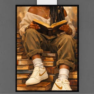 May include: A person wearing an off-the-shoulder white top, olive green cargo pants, white socks, and white sneakers with gold swooshes, sitting on a large stack of books while reading an open book. The person has long dark braided hair.