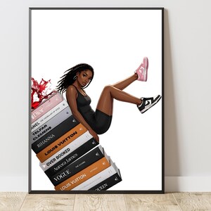 May include: Illustration of a woman in a black outfit, sitting on a stack of fashion books. The books include titles like "Dior," "Louis Vuitton," and "Vogue." She wears pink and black sneakers. A splash of red liquid is visible near the top of the books.