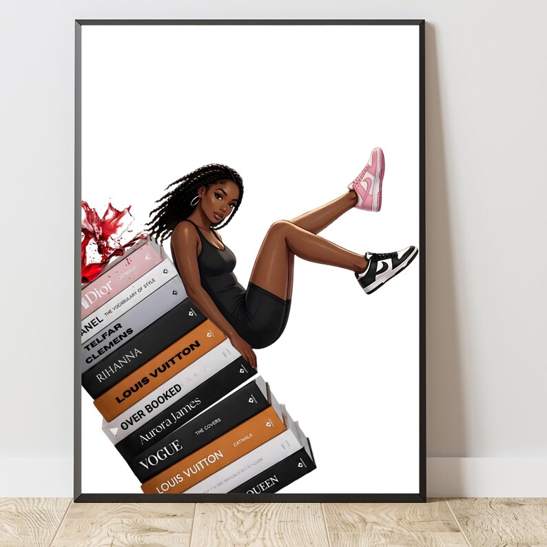 May include: Illustration of a woman in a black outfit, sitting on a stack of fashion books. The books include titles like "Dior," "Louis Vuitton," and "Vogue." She wears pink and black sneakers. A splash of red liquid is visible near the top of the books.