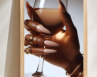 Champagne Glass Wall Art for Living room, Bedroom Wine Decor Print Bar or  Wall Decor, Valentine Print, African American Hand holding Wine