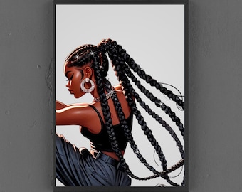 Black Wall Art Decor for livingroom or Hairdresser and Beauty Salon and Bedroom Wall Art, Digital Print Wall Hanging, Long Braids Print