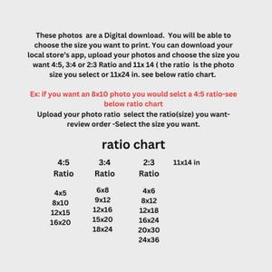 May include: A digital download image with text explaining photo printing ratios. The chart includes 4:5, 3:4, 2:3, and 11x14 inch ratios, with corresponding print sizes like 4x5, 8x10, and 12x15 inches. Instructions are provided for selecting print sizes.