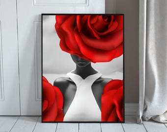 Woman Face with Roses African American with red roses on her head Art Wall Art Decor for Living Room or Bedroom, Office Print for Work Rose