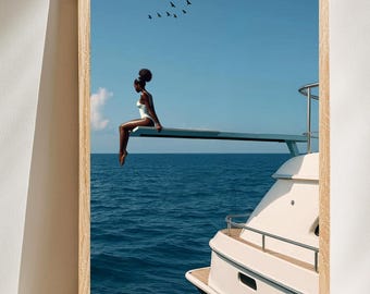 Luxury Yacht Beach house theme African American Ocean Print, Beach Decor black Woman on Diving Board on boat, Coastal Wall Art Nautical Art