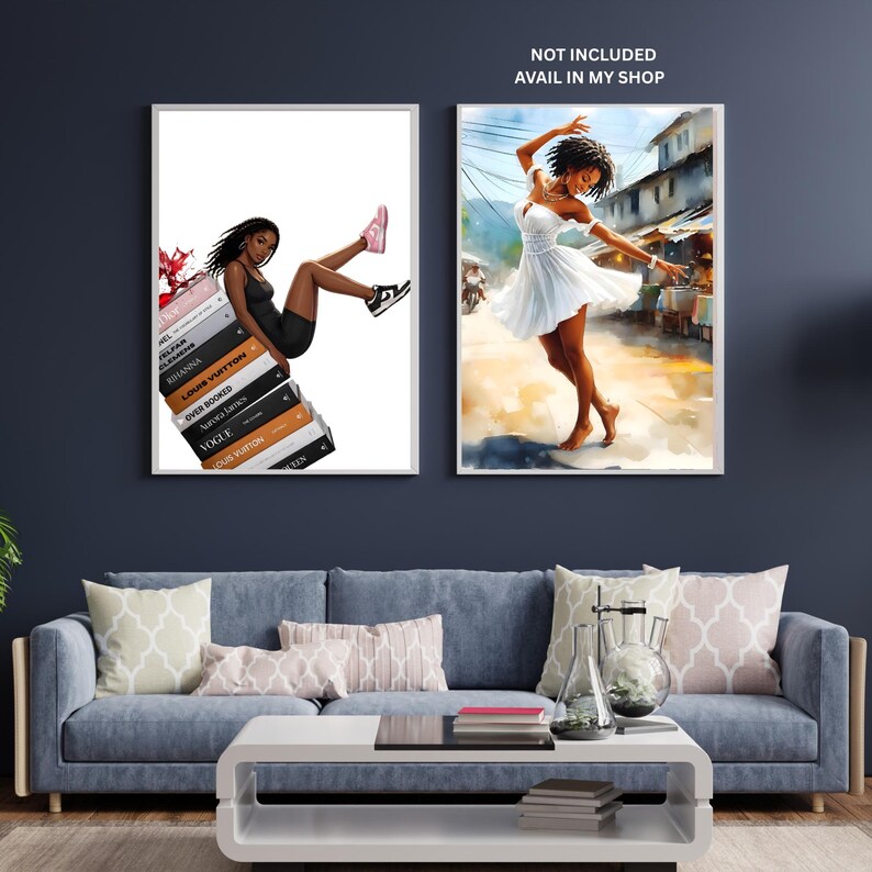 May include: Two framed art prints. One depicts a woman in a black dress and sneakers, leaning on a stack of books with titles like "Vogue" and "Louis Vuitton." The other shows a woman in a white dress dancing in a street scene. The text "NOT INCLUDED AVAIL IN MY SHOP" is at the top.