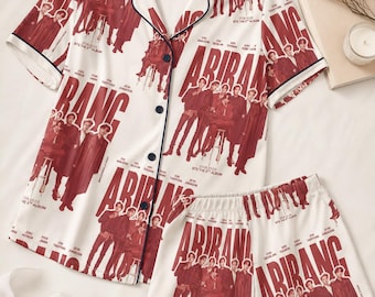 Arirang Album Pajamas, Custom Kpop Vintage Sleepwear, Cute Red Poster Loungewear Nightwear, Short Sleeve Pajama Set Gift for Army