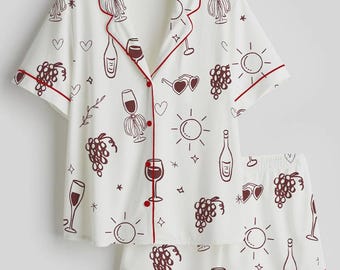 Women’s Vino Before Vows Bachelorette Wine Themed Bach Party Wine And Vows Wedding Party Print Short Sleeve Satin Pajama Set