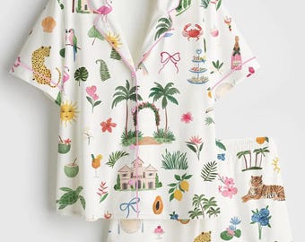 Women’s Summer Beach Watercolor Whimsical Coastal Icons Palm Tree Wedding Party Est 2026  Short Sleeve Satin Pajama Set No Pocket