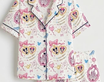 Disney Mickey Mouse And Minnie Mouse Pajama, Cute Princess Icon Sleepwear for Women – Fairytale Print Short Sleeve Happy Wedding Hot Summer