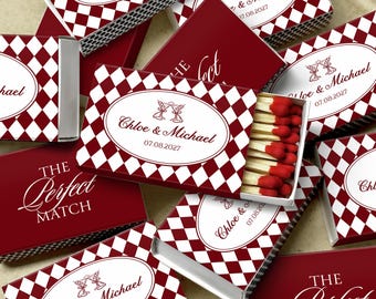Personalized Wedding Matches Custom Matchboxes Wedding Favors The Perfect Match Burgundy and White Diamond Pattern Rehearsal Dinner Favors