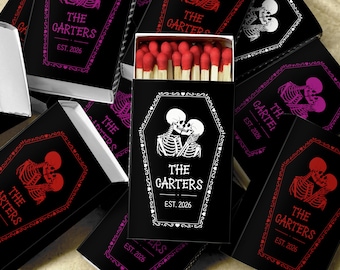 Personalized Coffin Matchboxes, Gothic Wedding Favors, Skeleton Couple Matches, Halloween Wedding Matchbook, Dark Romance Reception Decor