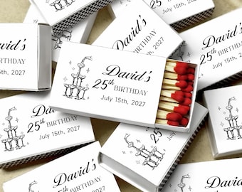 Personalized 25th Birthday Matchboxes: Champagne Tower Party Favors