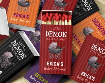 Personalized Baby Shower Matchboxes, A Little Demon Is on the Way, Gothic Halloween Baby Shower Favors