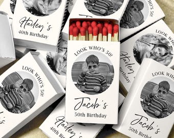 Personalized Photo Matchboxes for 50th Birthday Party Favors Custom 40th Birthday Milestone Matchbox Look Who's 50 Gift BTD Match Boxes