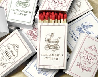 Personalized Baby Shower Matchboxes, Vintage Baby Announcement Favors, New Parents Social Club Matchbooks, Old Money Nursery Theme