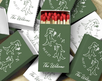 Personalized Alligator Wedding Matchboxes Custom Dancing Crocodile Matchbox Favors Sage Green White Whimsical Party Favors Set for Guests