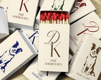 Custom Dog Wedding Matchbox Favors, Pet Portrait Monogram Matches, Engagement Party Matchbook