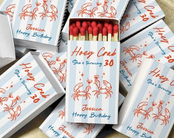 Custom Birthday Party Matchboxes, Personalized 30th Birthday Favors, Funny Crab Theme Match Box Gift for Guests, Cocktail BTD Matchbook