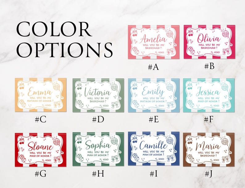 May include: A collection of colorful rectangular cards with names like Amelia, Olivia, and Emma, each with a unique background color and a white striped border. The cards feature the text "Will you be my bridesmaid?" and decorative musical notes.