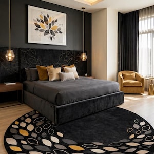 Black Round Rug, Leaf Pattern Wool Rug, Modern Tufted Area Rug, Luxury Bedroom Carpet, Designer Living Room Rug, Custom Size