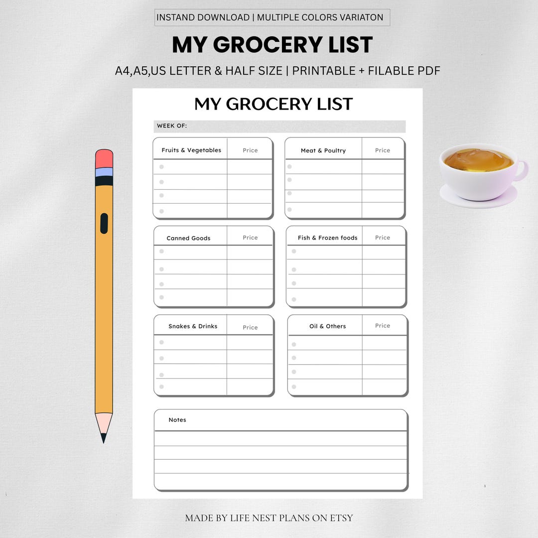 Editable Grocery List & Meal Planner | Printable PDF (A4, A5, Letter ...