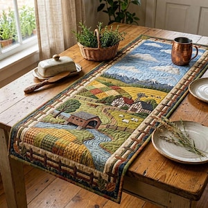 May include: A quilted table runner with a pastoral scene featuring a covered bridge, rolling hills, and a blue sky. The runner is bordered with a brown and green pattern and is placed on a wooden table.