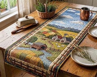 Rustic Farmhouse Quilted Table Runner, Country Landscape Patchwork, Quilted Decor for Dining Table, Cottage Kitchen Gift, Autumn Home Accent
