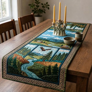 May include: A rectangular quilted table runner featuring a landscape scene with a winding blue river, green pine forests, brown hills, and a flying eagle. The border has a tan braided pattern. A ceramic candle holder with three yellow candles sits on top.