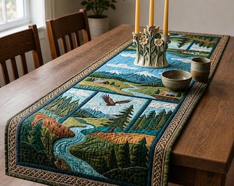 Rustic Mountain Landscape Quilted Table Runner, Nature Forest River Cabin Decor, Farmhouse Dining Table Cover, Lodge Style Home Gift