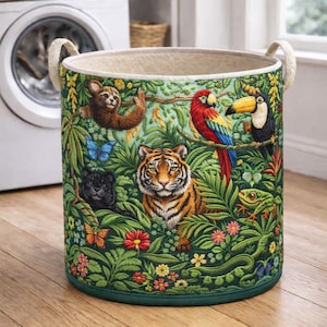 Jungle Quilted Laundry Basket, Tiger Toucan Sloth Animal Fabric Hamper, Kids Room Laundry Bin, Nursery Storage Basket
