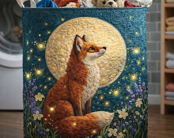 Moonlit Fox Quilted Laundry Basket, Cottagecore Woodland Fabric Hamper, Forestcore Home Storage Bin, Gift For Mom, Gift For Women