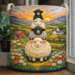 May include: A round storage basket with a colorful farm scene featuring a stack of sheep. The basket has a blue base, cream-colored handles, and a detailed illustration of a red barn, church, and rolling hills.