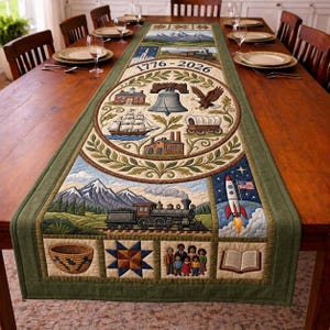 Puede incluir: Un camino de mesa rectangular con un borde verde y un diseño central con imágenes históricas americanas. El diseño incluye un barco, una campana, un águila, un tren, un cohete y el texto "1776-2026". El camino de mesa está colocado sobre una mesa de madera.
