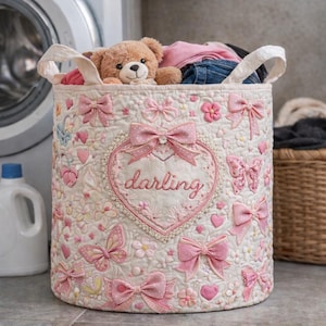 Custom Coquette Quilted Laundry Basket with Pink Bows, Large Fabric Hamper with Handles, Nursery Storage Bin, Cute Girls Room Decor