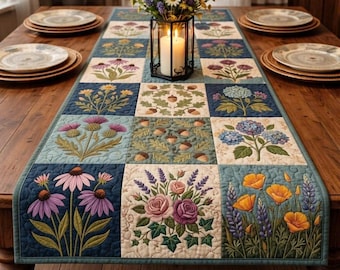 Floral Patchwork Table Runner, Cottagecore Wildflower Design, Farmhouse Table Decor, Rustic Botanical Dining Accent