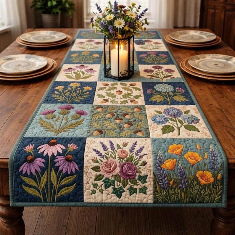 Peut inclure: Un chemin de table matelass&eacute; compos&eacute; d'une grille de panneaux carr&eacute;s avec des motifs botaniques brod&eacute;s, notamment des &eacute;chinac&eacute;es violettes, des roses, des hortensias et des glands. Une lanterne en m&eacute;tal noir avec une bougie blanche allum&eacute;e.