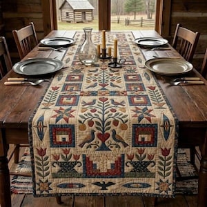 May include: A long rectangular quilted table runner featuring a repeating folk art pattern of birds, trees, hearts, and flowers in muted shades of red, blue, and tan. The runner is centered on a wooden table with plates and a glass carafe.
